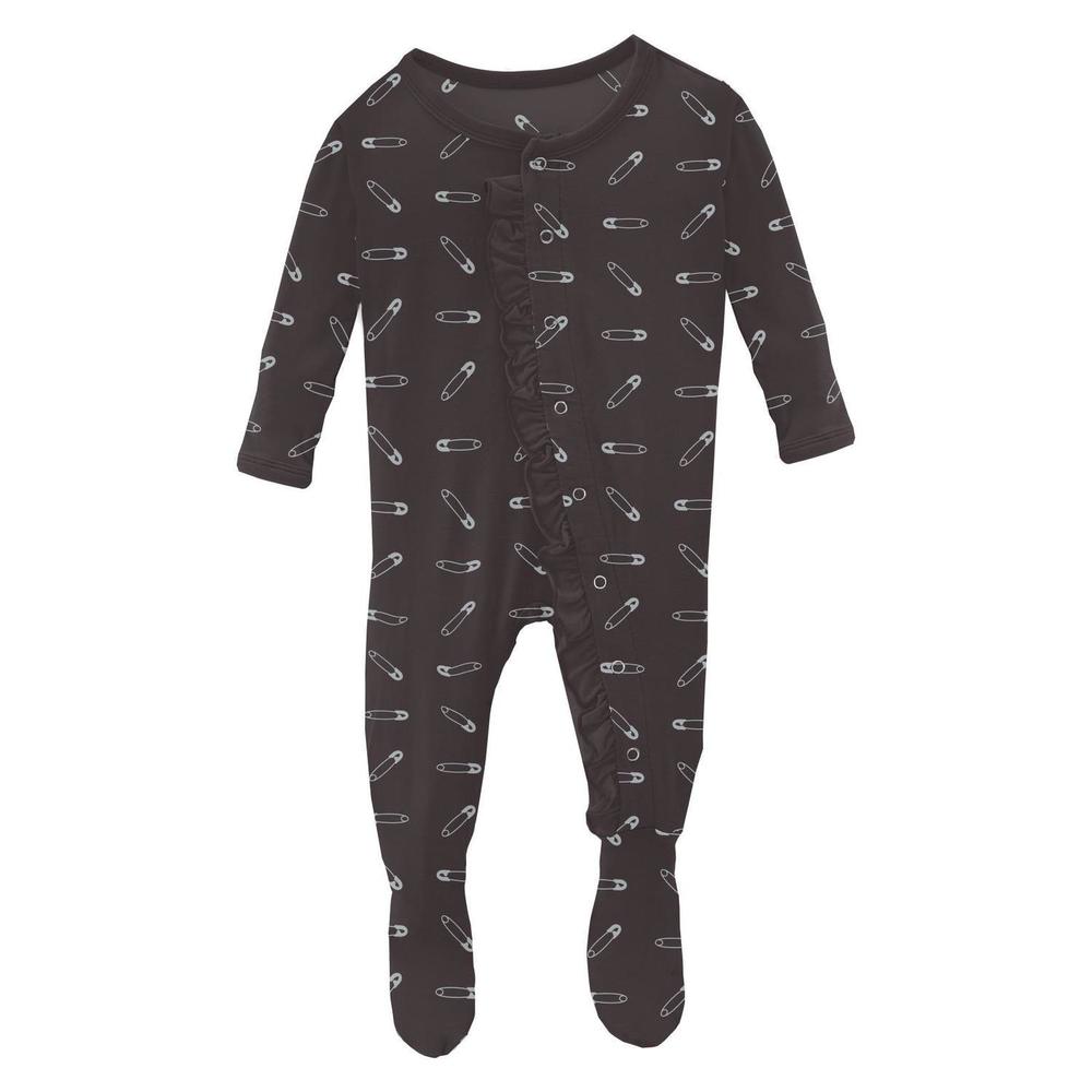 NEW KICKEE kids' ruffle footie with snaps in midnight safety pins